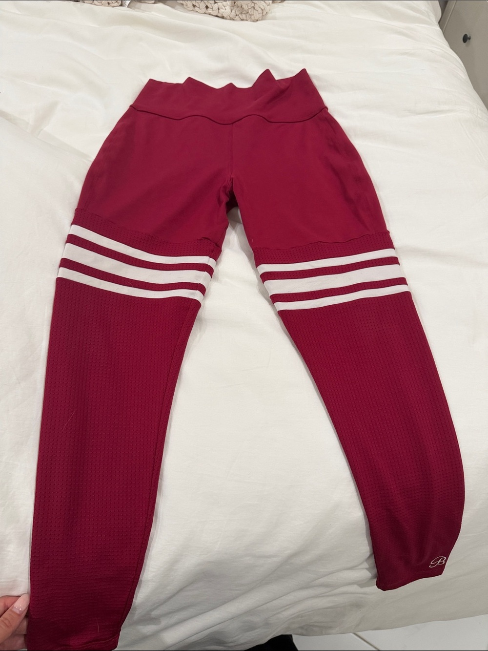 Bombshell Sportswear Maroon Leggings with White Stripe Accents